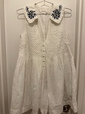 Anthropologie White Sleeveless Dress with Black Floral Embroidered Collar